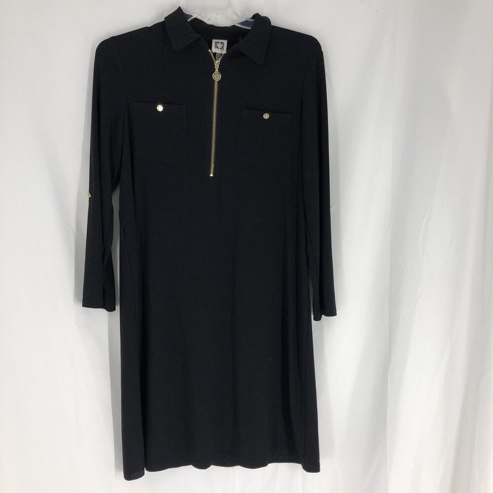 Anne Klein Travel Knit Dress Black w Gold Accents half Zip Sz 12